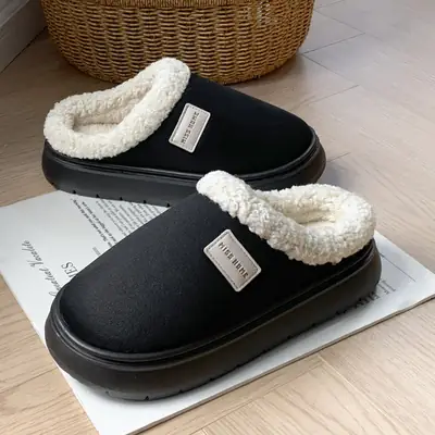 Women Winter Wool Slippers Black Thick Soled