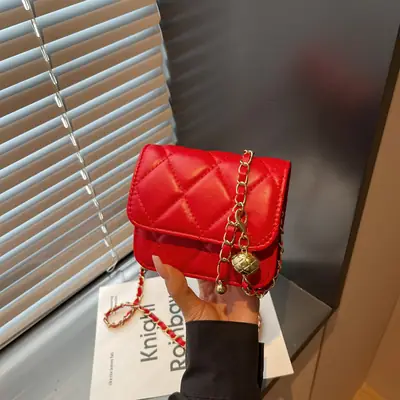 Red Quilted Chain Crossbody Bag for Women