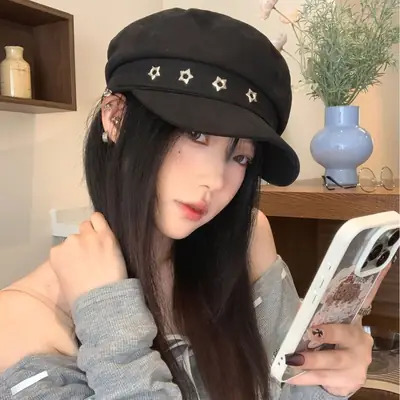 Women's Star Black Beret Hat Navy Autumn Wear