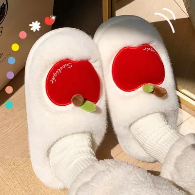 Cute Cotton Slippers for Women, New Winter Style, Home Warm Plush Slippers with Fruit Design, Thick-Soled Cotton Slippers for Couples