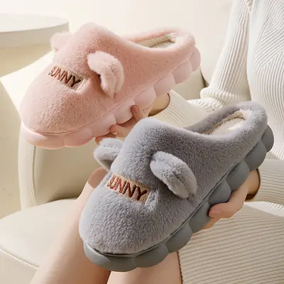 Cute Fleece Lined Cotton Slippers for Women Pink Grey