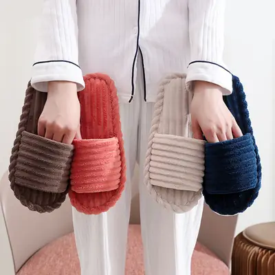 Women's Autumn and Winter Indoor and Outdoor Thick-Soled Warm Plush Maternity Slippers with Open Toe and Foam Lining