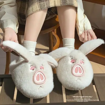Pink Piggy Wool Slippers Women Winter Warm Anti-Slip