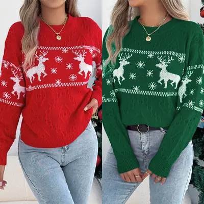 Women's Deer Pattern Long Sleeve Sweater Red Green