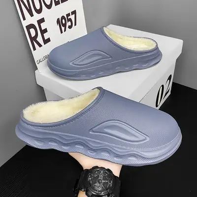 Cotton Slippers for Men in Winter Indoor Home Fleece-Lined Warm Outer Wear Waterproof Non-Slip Cotton Shoes Large Size Slippers
