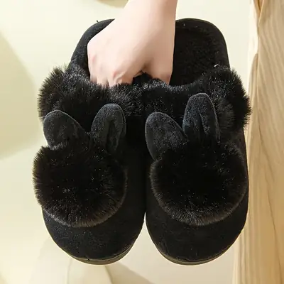 Furry Slippers for Women 2025 Winter New Korean Style Bunny Plush Indoor Room Silent Bag Heel Warm Cotton Slippers