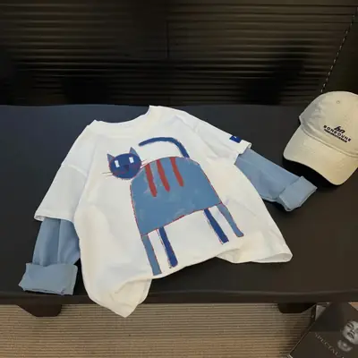 Boys Cartoon Cat Long Sleeve T-Shirt White Blue Medium