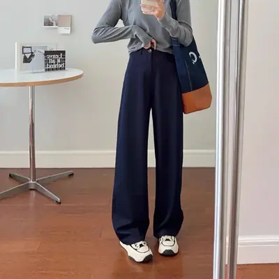 Dark Blue Wide Leg Pants for Women Casual Commute