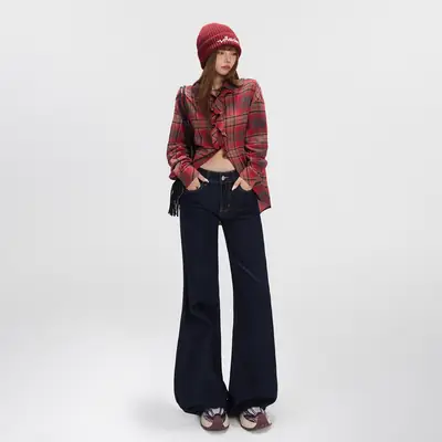 Women Plaid Crop Pants Set Dark Blue Wide Leg