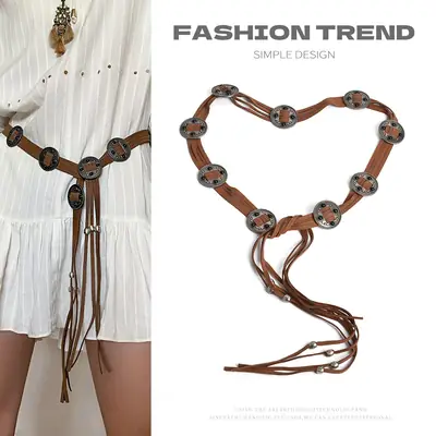 Women's Brown Tassel Waist Belt with Metal Buckle