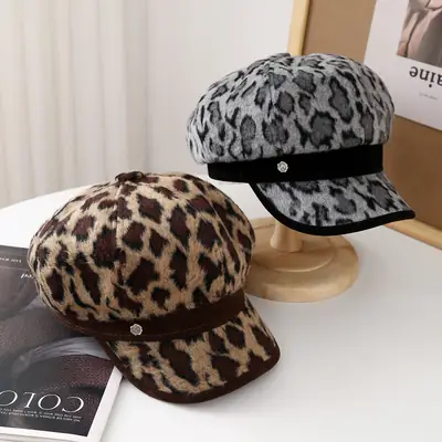 Leopard Print Plush Duckbill Cap for Women