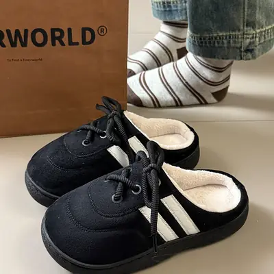 Women Winter Warm Anti-Slip Furry Slippers Black
