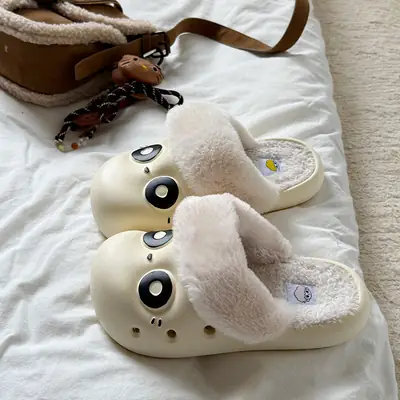 Women's Cream Cotton Slippers with Big Eyes Design