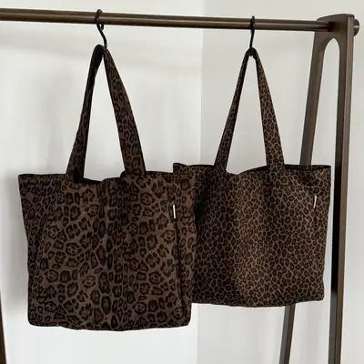 Leopard Print Canvas Shoulder Bag for Women Spring Summer