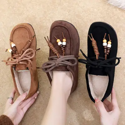 Kangaroo Shoes for Women 2025 Autumn and Winter New Style Fleece-Lined Warm Women's Cotton Shoes Retro Casual Birkenstock Shoes Versatile Beanie Shoes