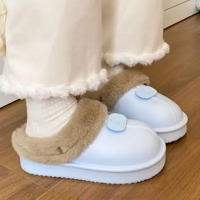 Women's New Velvet Flats Winter Cotton Slippers Cream