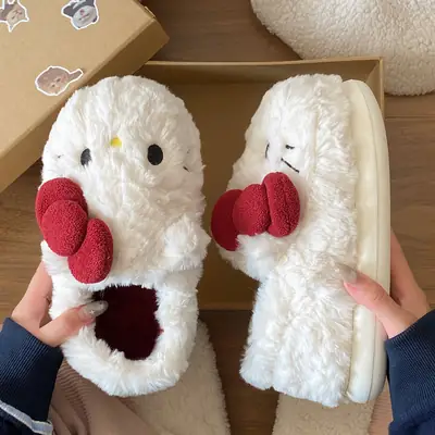 Winter Bow Cat Soft Slippers for Women