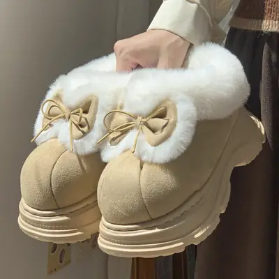 Women Furry Bow Snow Boots Fleece Lined Thick Sole