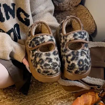 Women Leopard Print Thick Slippers Warm Cotton Cross Border
