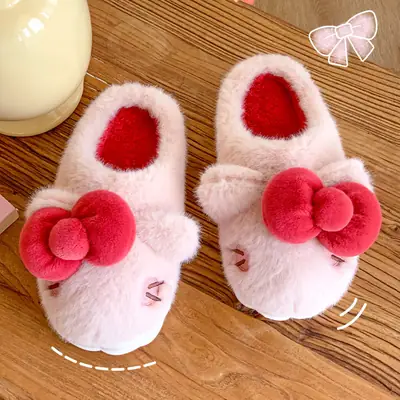 Women's Winter Fluffy Heart Slippers with Red Bow