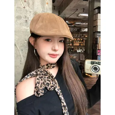 Women's American Retro Suede Melard Beret Hat with Large Head Circumference