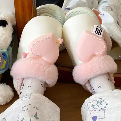 Women's Pink Heart Furry Cotton Slippers Winter Warm