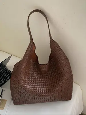 Brown Woven Tote Bag for Women Large Capacity Shoulder Carry