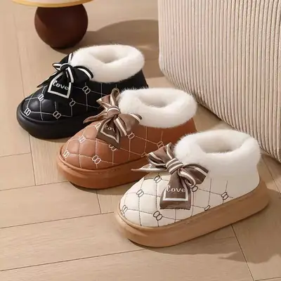 High-Heeled Cotton Slippers for Women, Thick-Soled, Closed-Back, Indoor Home Fashion Versatile Bow Pu Slippers, Winter Thickened and Warm