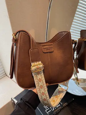Brown Crossbody Bag with Embroidered Strap for Women