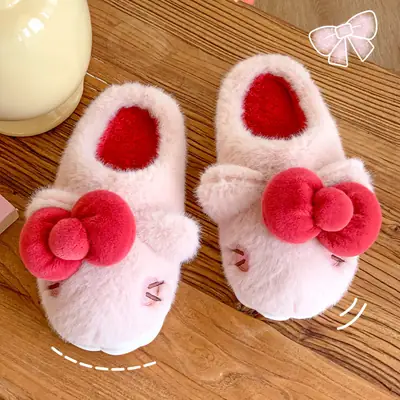 Women's Stuffed Cotton Slippers Heart Bow Winter Warm