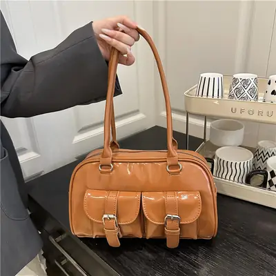 Korean Style Brown Leather Bowling Bag with 5 Pockets