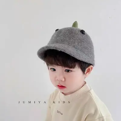 Cute Dinosaur Woolen Kids Hat Grey Winter