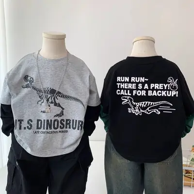 Children's Cartoon Dinosaur T-Shirt Grey Black Spring 2025