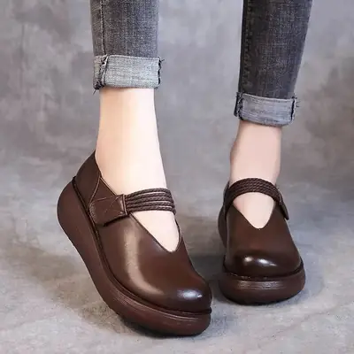 Brown Leather Round Toe Women's Shoes Small