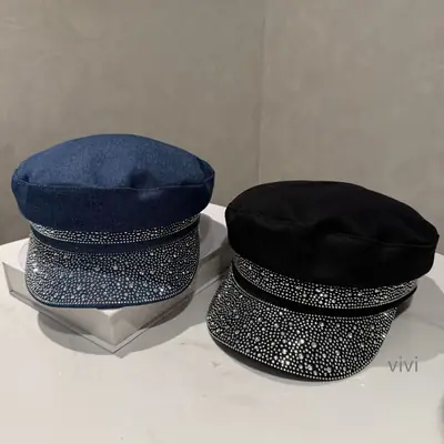 Women Korean Style Diamond Flat Cap Blue Black