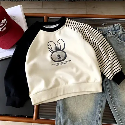 Boys Sweatshirt Cream Black Striped Long Sleeve 2025