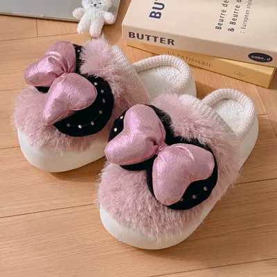 Women Winter Fleece Bow Slippers Pink White