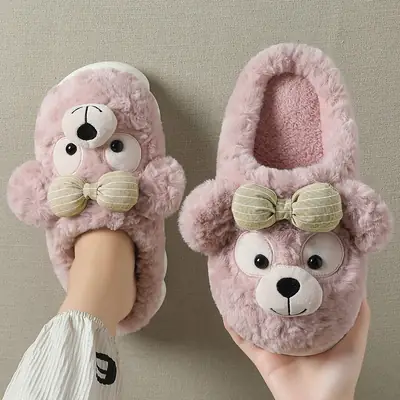 Cute Bear Bow Plush Winter Slippers for Women