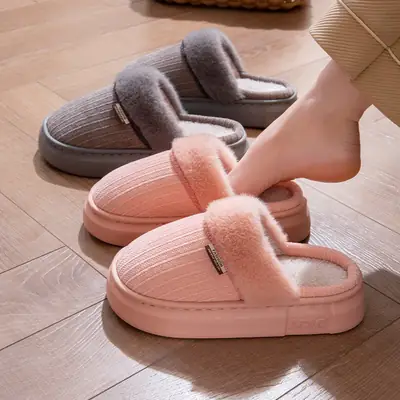 Pink Fleece Lined Women's Slippers Thick Cotton