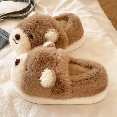 Cute Cartoon Bear Cotton Slippers for Women Winter Warm