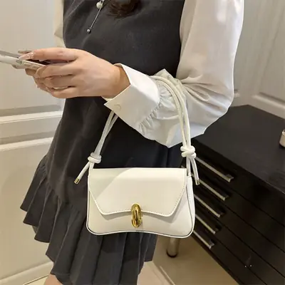 White Minimalist Shoulder Bag with Gold Clasp