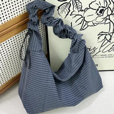 Blue Plaid Drawstring Tote Bag for Women 2025