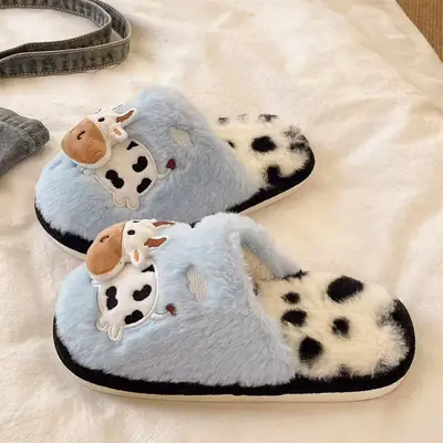 Cute Cow Print Furry Slippers Women Winter Warm Plush