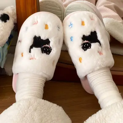 Pink Furry Cotton Slippers for Women Warm Dorm Floor