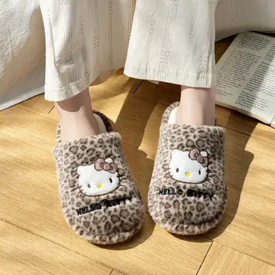 Nuan Zhi Yuan Pink Leopard Kitty Winter Warm Slippers Women