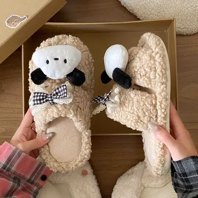 Winter Furry Bow Pacha Dog Flats for Women