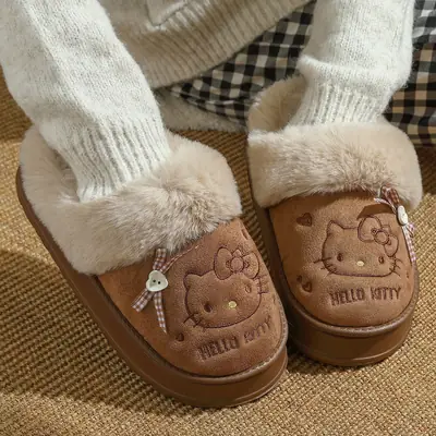 Pink Kitty Wool Slippers for Women Winter Warm Indoor