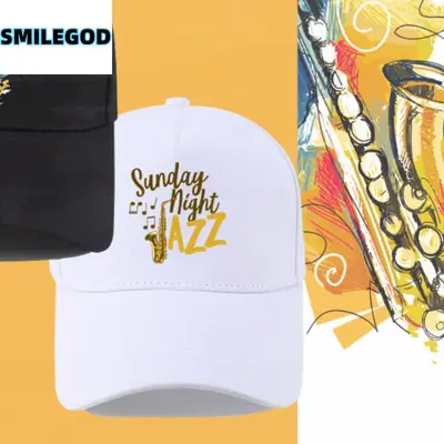 White Saxophone Music Cap Unisex with Gold Embroidery