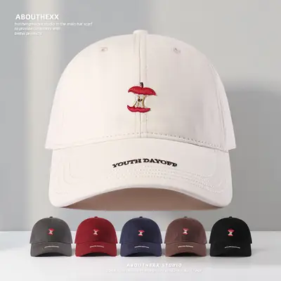 Women Red Embroidered Baseball Cap with Fruit Design