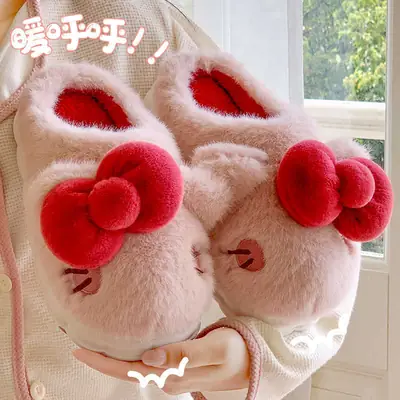 Women Cotton Slippers Red Bow Winter Warm Indoor